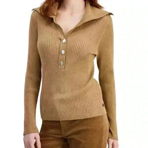 Tommy Hilfiger Women’s Split-Neck Ribbed-Knit Button Sweater Brown Size Large